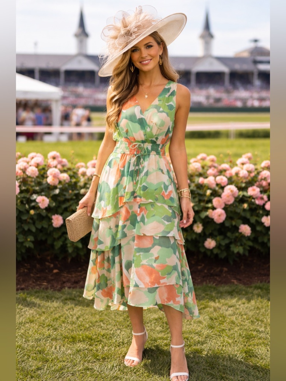Lush Floral High-Low Dress in Green and Peach